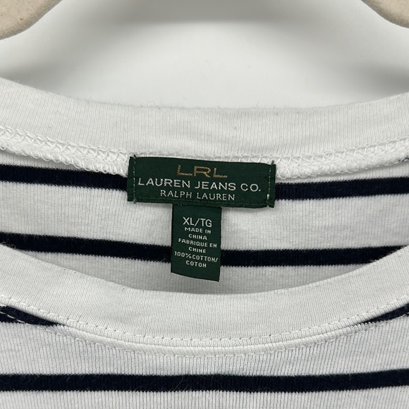 LRL Black&White Striped Short Sleeve T-Shirt Left Shoulder Button Detail Sz XL - Picture 2 of 10